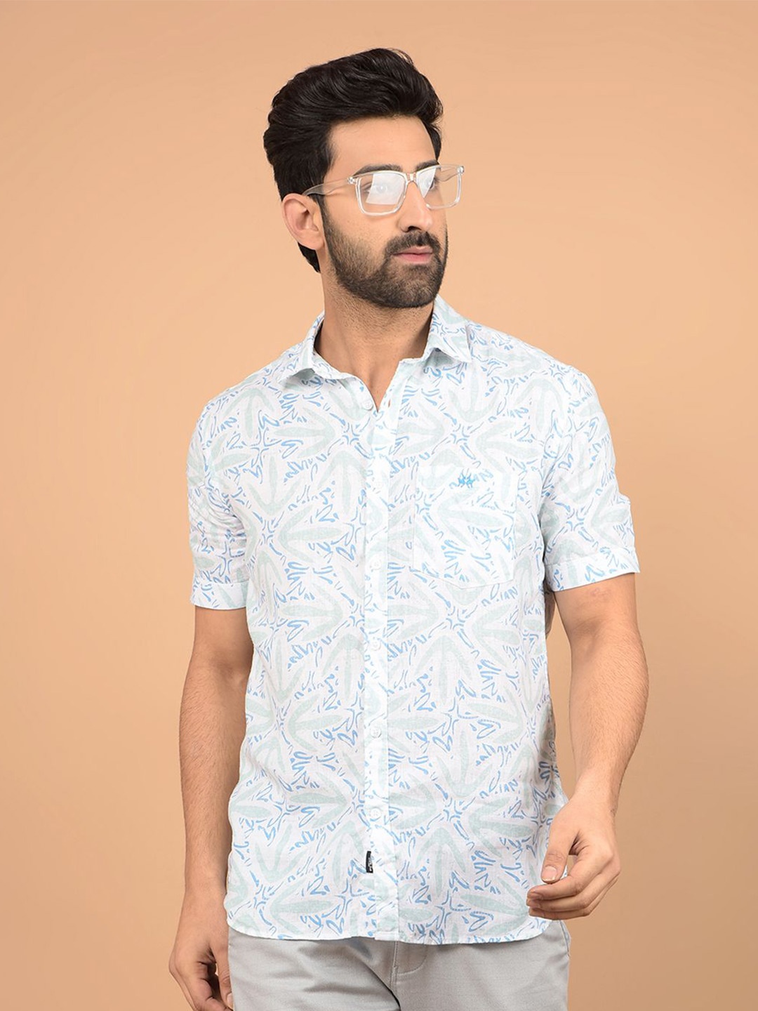 

Crimsoune Club Men Classic Slim Fit Spread Collar Abstract Printed Cotton Casual Shirt, White