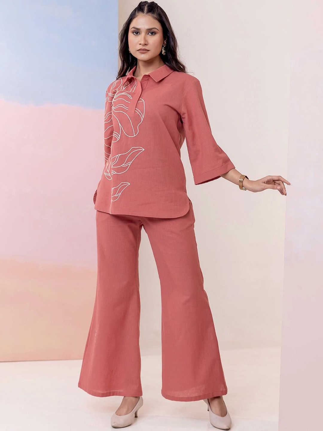

MISRI Floral Printed Shirt Collar Top With Trousers, Rust