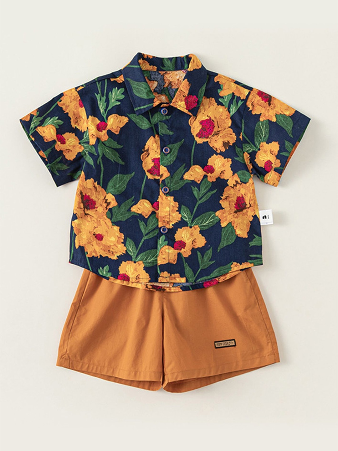 

LULU & SKY Boys Printed Short Sleeves Cotton Shirt With Shorts, Orange