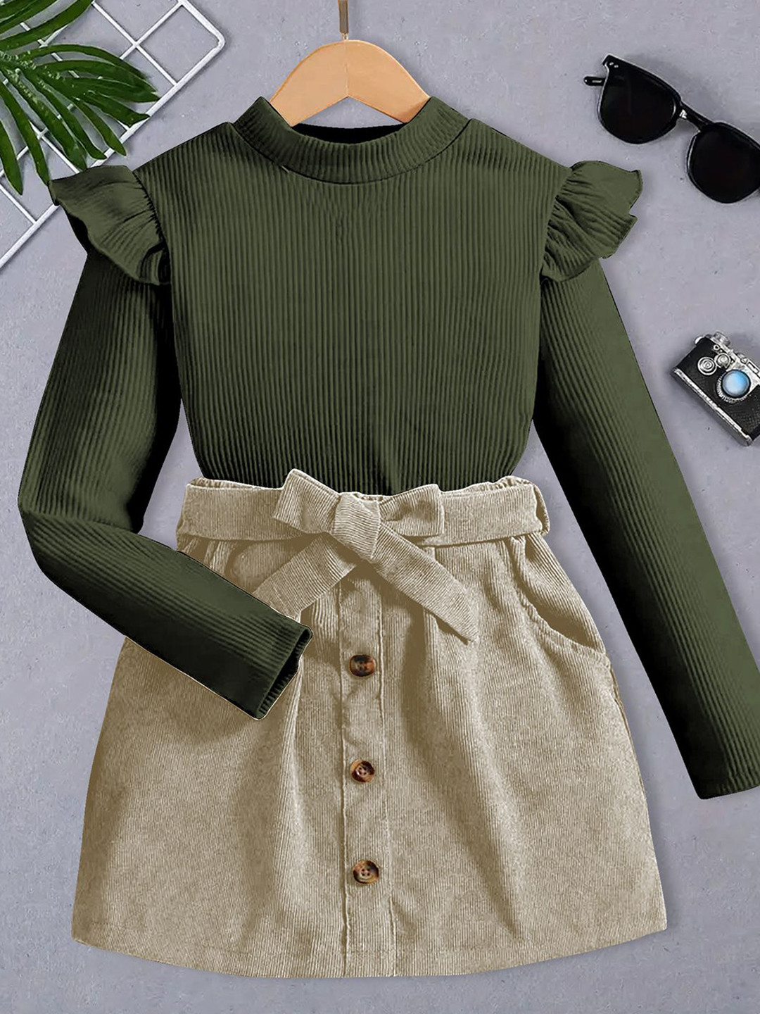 

YK Girls Round Neck Top with Skirt, Olive