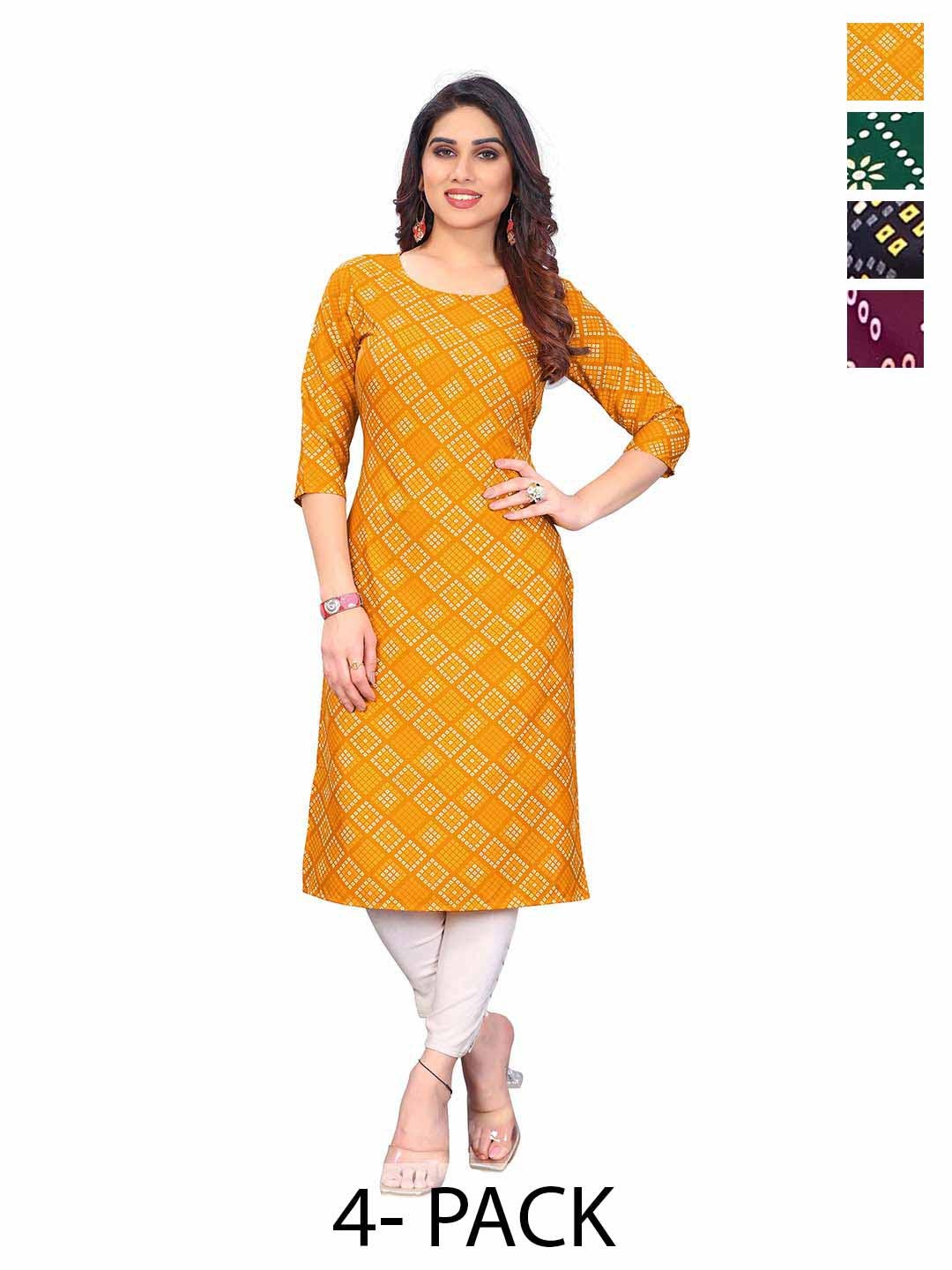 

KETAKI FASHION Selection Of 4 Ethnic Motifs Printed Straight Kurtas, Yellow