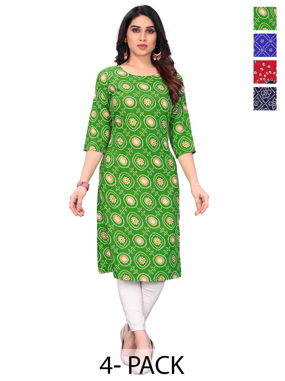 

KETAKI FASHION Selection Of 4 Bandhani Printed Round Neck Straight Kurtas, Green