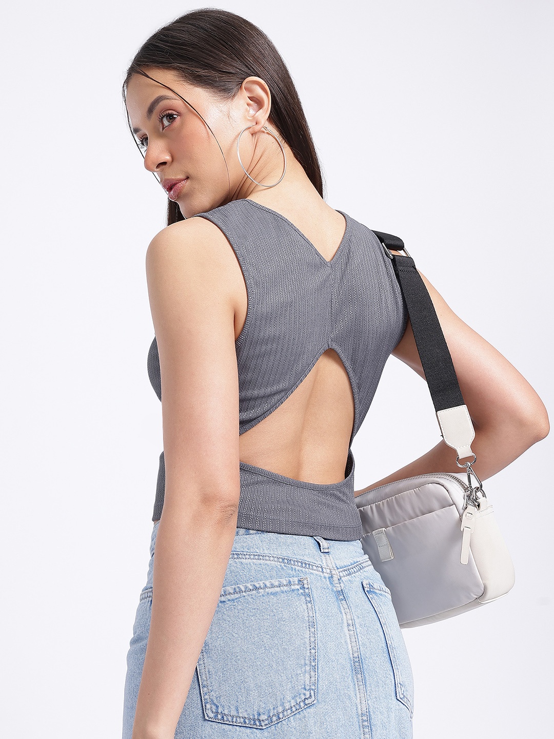 

glitchez Peek-a-Boo Cut Out Detail Self-Striped Top, Grey