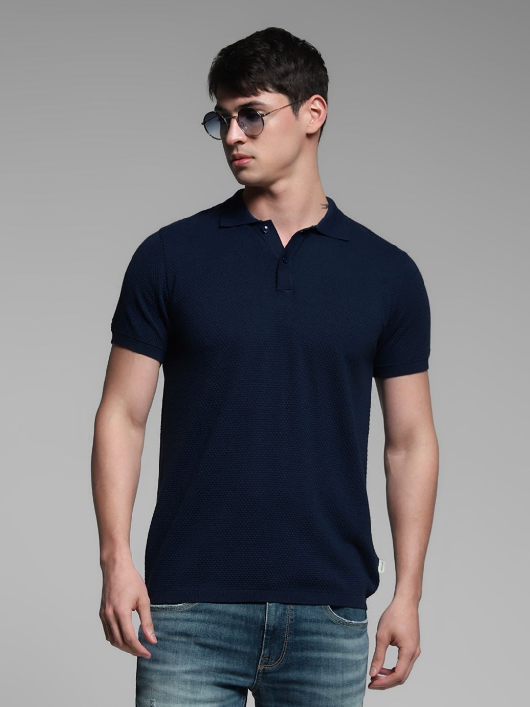 

Jack & Jones Men Solid Polo Collar Cotton Slim Fit T-shirt, Navy blue