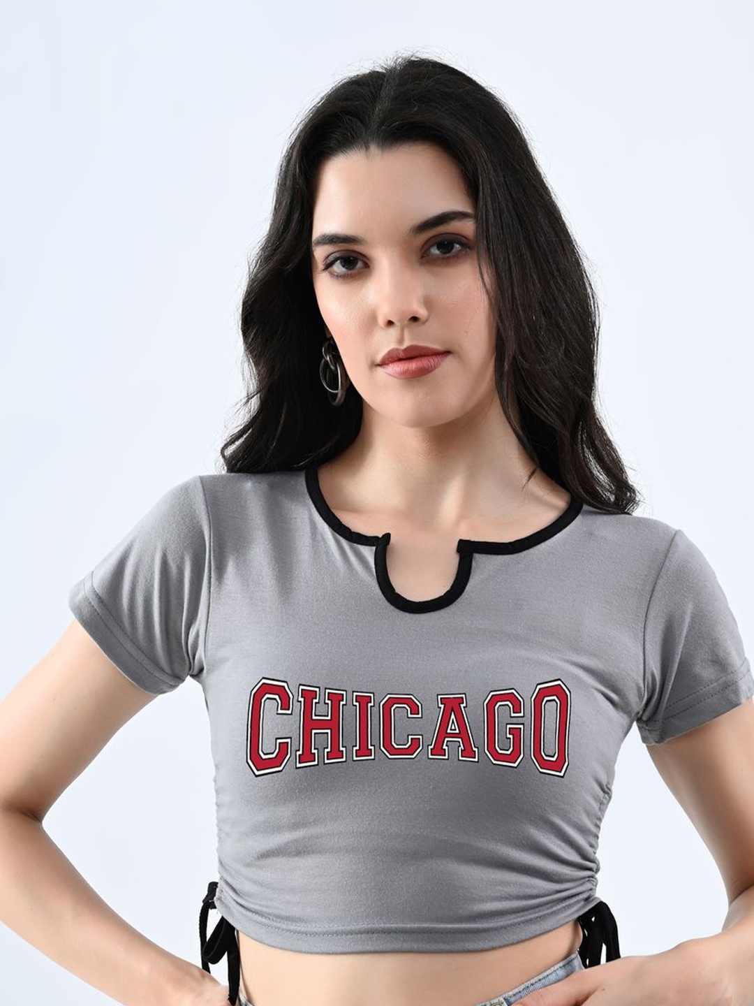 

Moda Rapido Women Typography Printed Round Neck Cotton Fitted Top, Grey