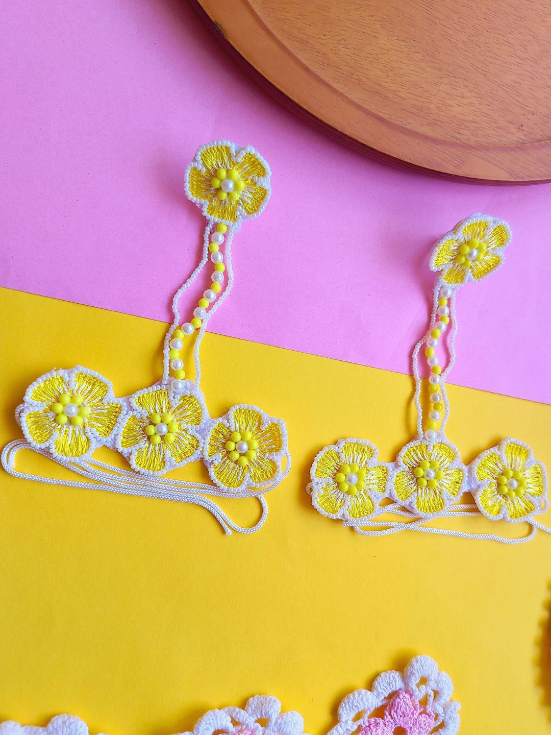 

Sangria Set of 2 Yellow Floral Beaded Haathphool Ring Bracelet
