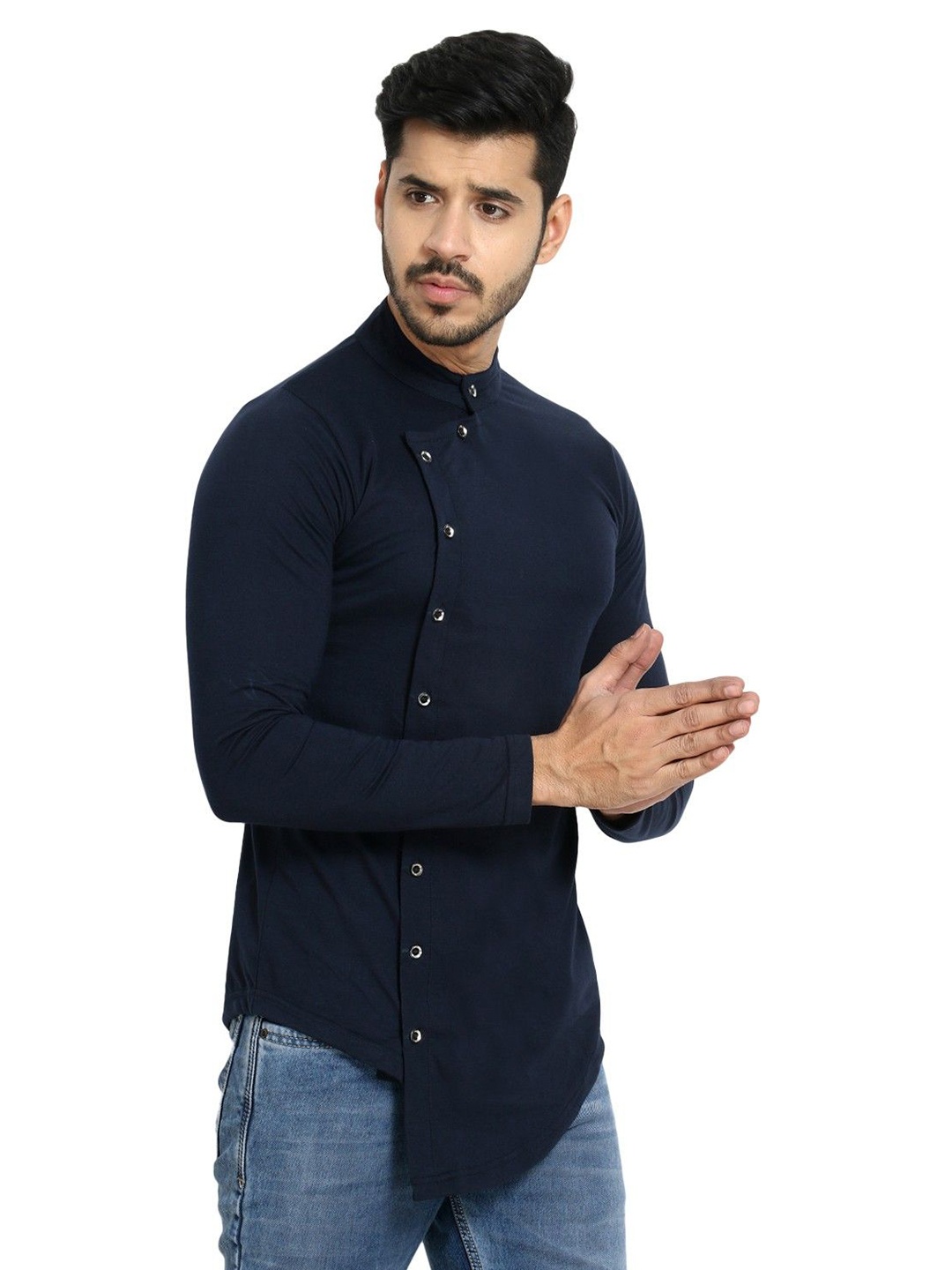 

Black Collection Men Band Collar Solid Cotton Shirt, Navy blue