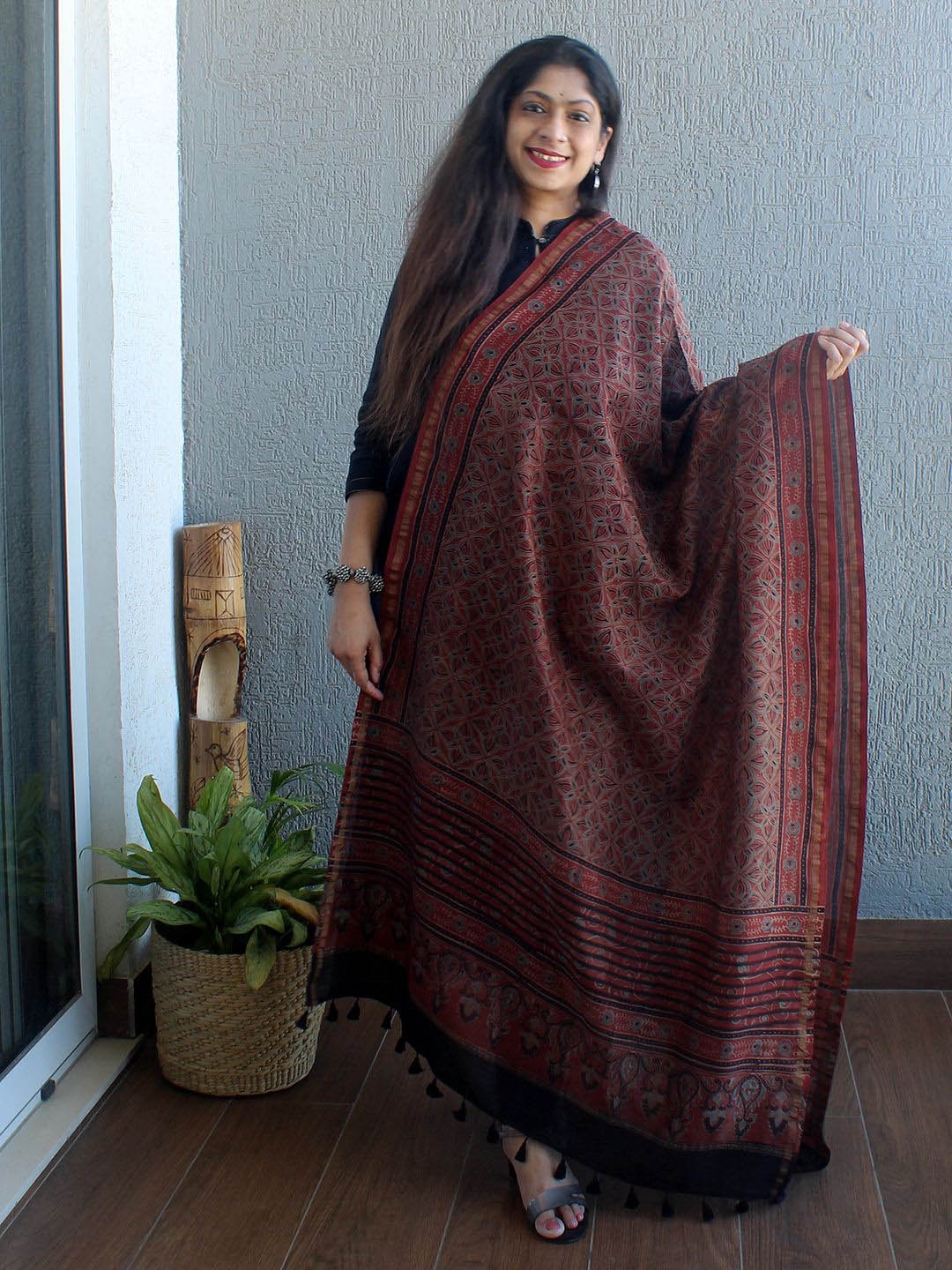 

Weaves of Tradition Ethnic Motifs Printed Block Print Dupatta, Red