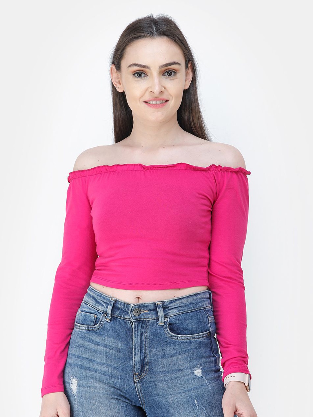 

Moda Rapido Women Solid Off-Shoulder Cotton Top, Pink
