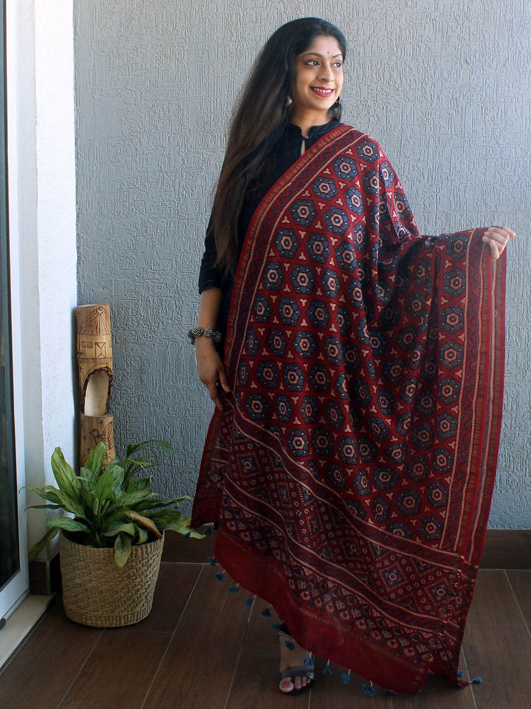 

Weaves of Tradition Ethnic Motifs Block Printed Chanderi Cotton Silk Dupatta, Red