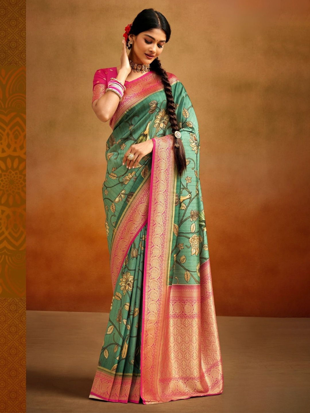 

DEVATITHI Woven Design Green Tussar Silk Kalamkari Saree