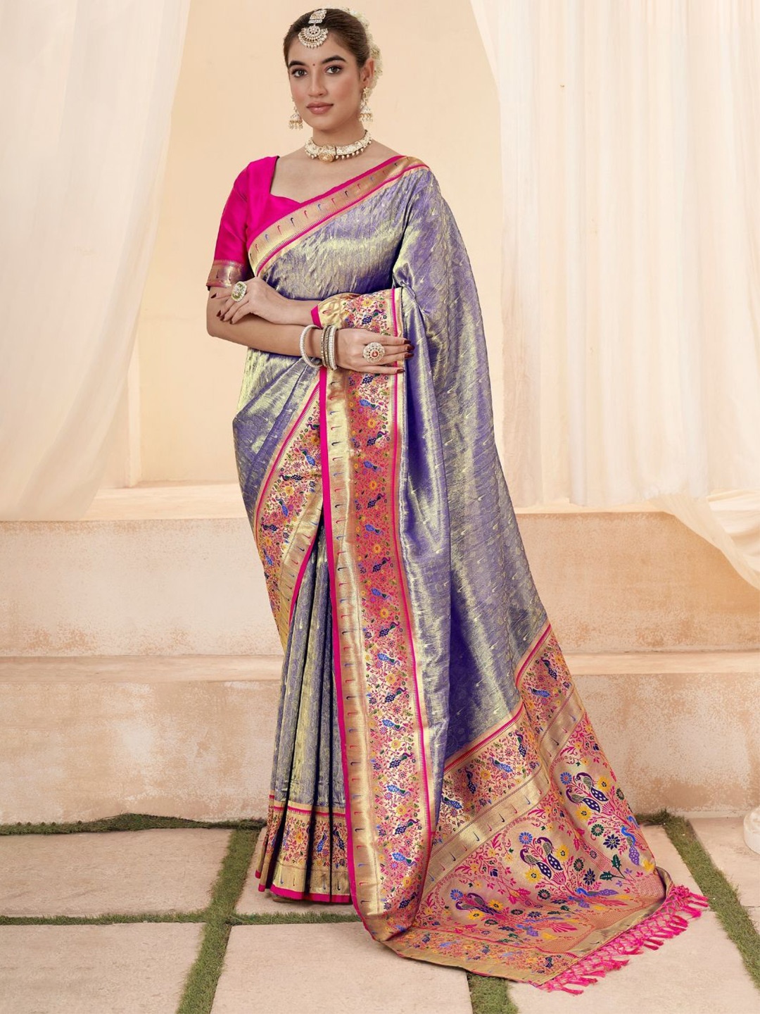

DEVATITHI Woven Design Zari Saree With Blouse Piece, Blue