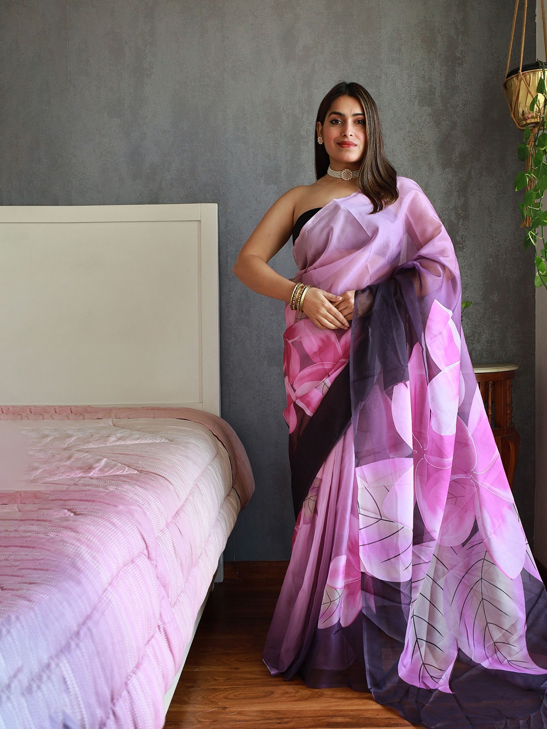 

Anouk Floral Organza Saree, Pink