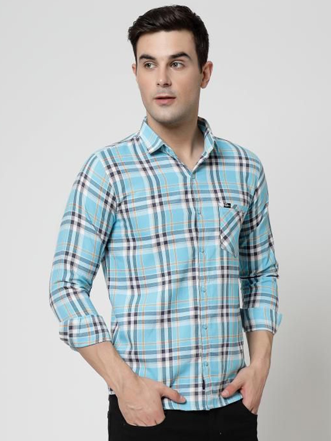 

allan peter Men Classic Fit Spread Collar Tartan Checked Cotton Casual Shirt, Blue