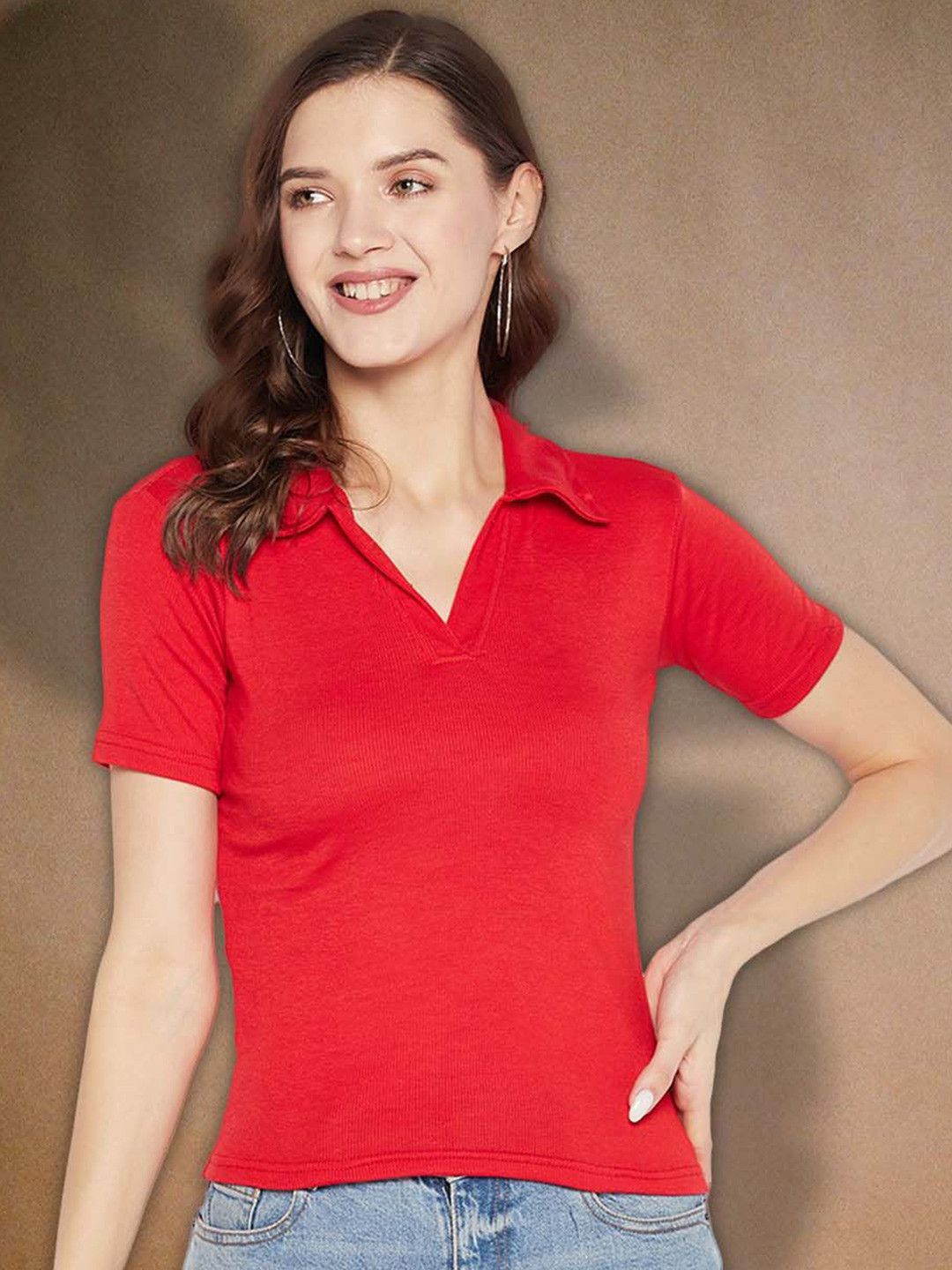 

Moda Rapido Women Polo Collar T-shirt, Red