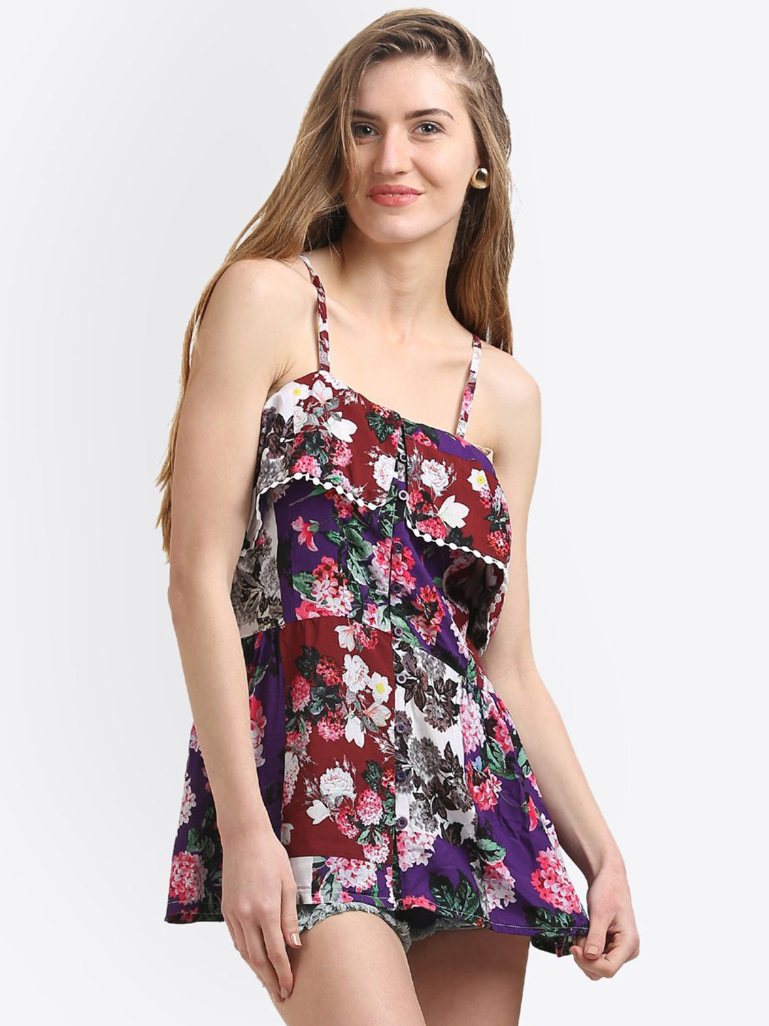 

Moda Elementi Women Floral Print Off-Shoulder Top, Purple