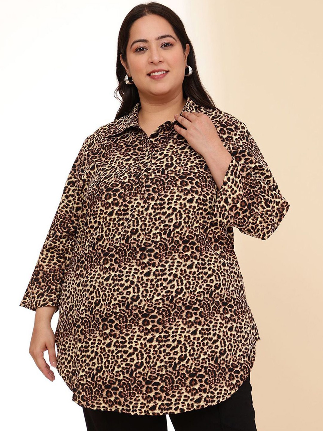 

DressBerry Curve Women Plus Size Animal Printed Shirt Collar Top, Beige