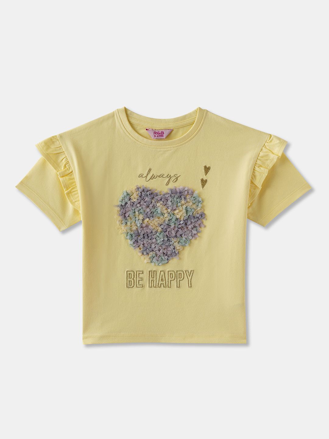 

R&B Girls Printed Round Neck Cotton Top, Yellow