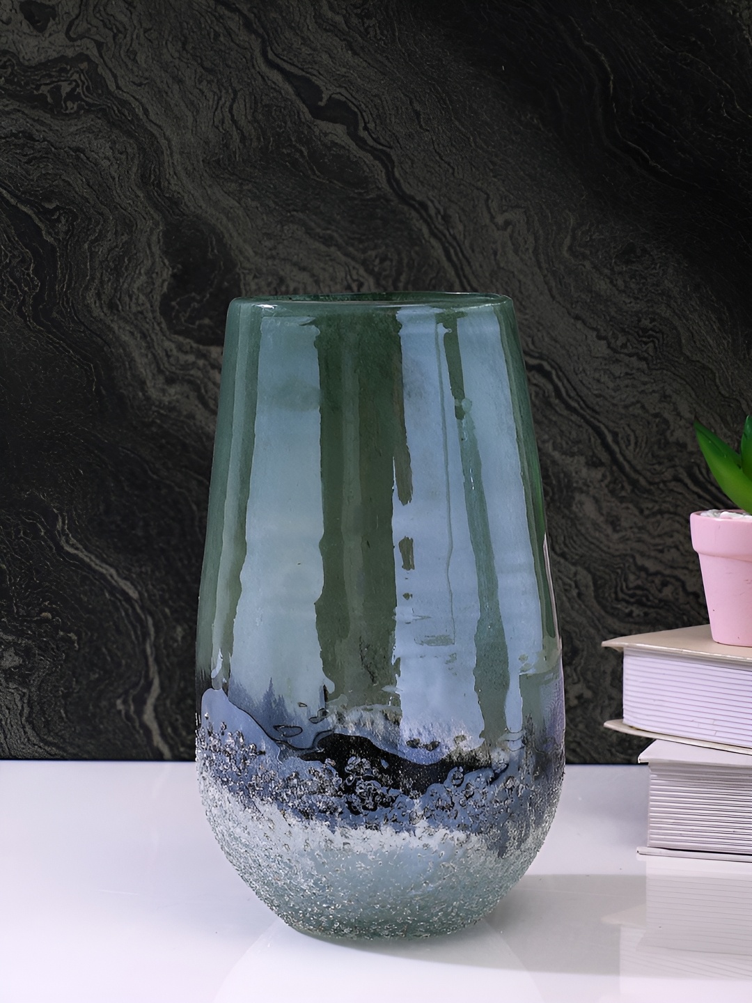 

Myntra Elegant Homes Green & Grey Textured Glass Flower Vase