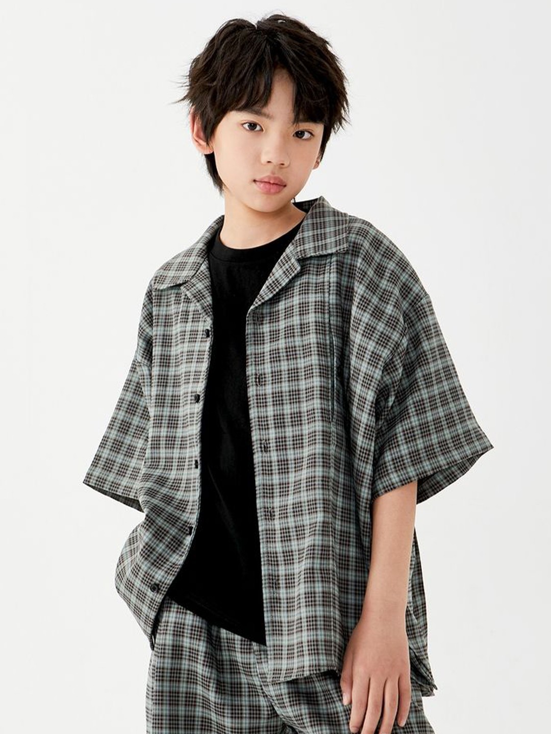 

LULU & SKY Girls Oversized Fit Cuban Collar Tartan Checked Casual Shirt, Black
