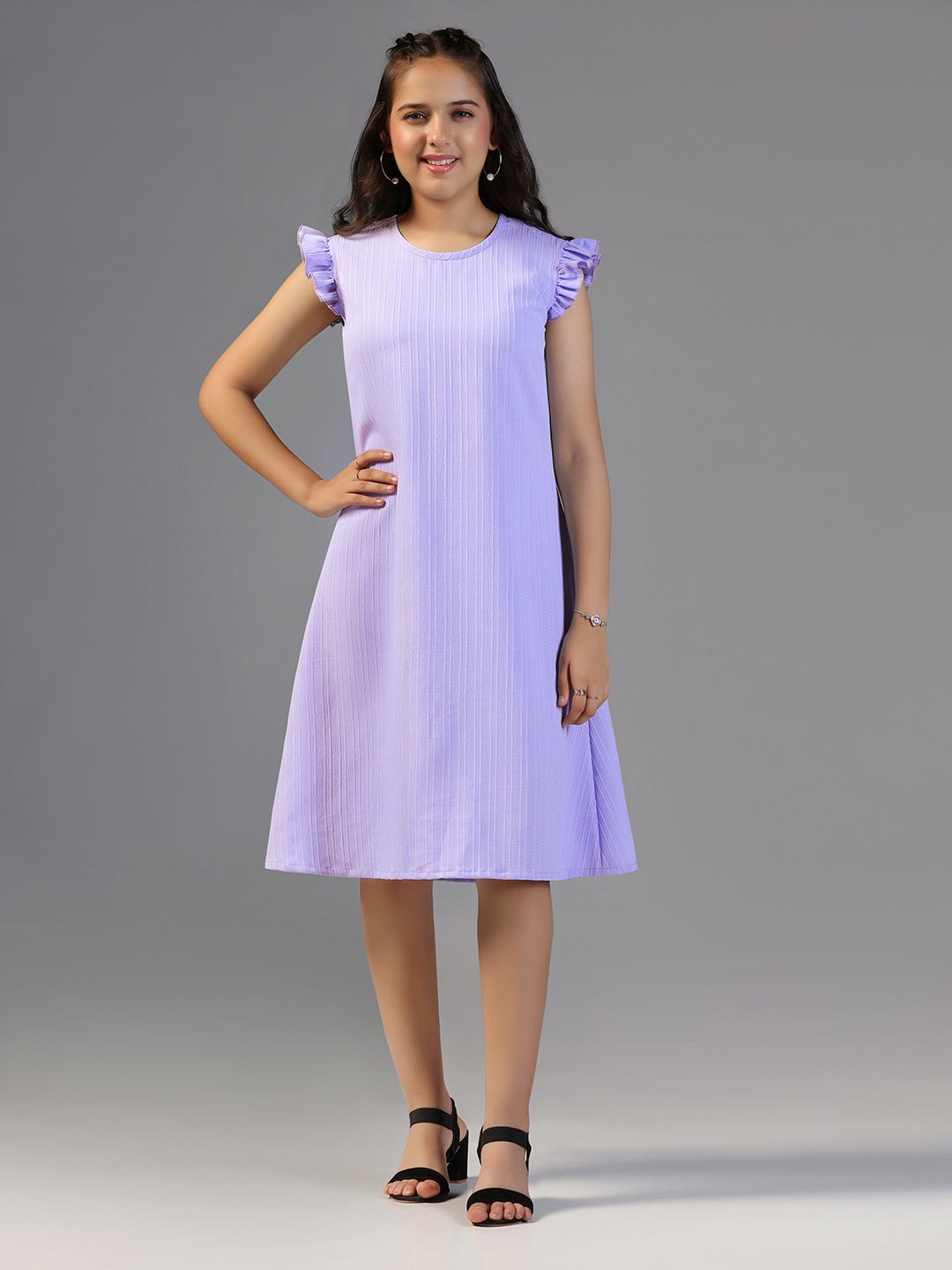 

YK Girl Round Neck Flutter Sleeve A-Line Knee Length Dress, Lavender