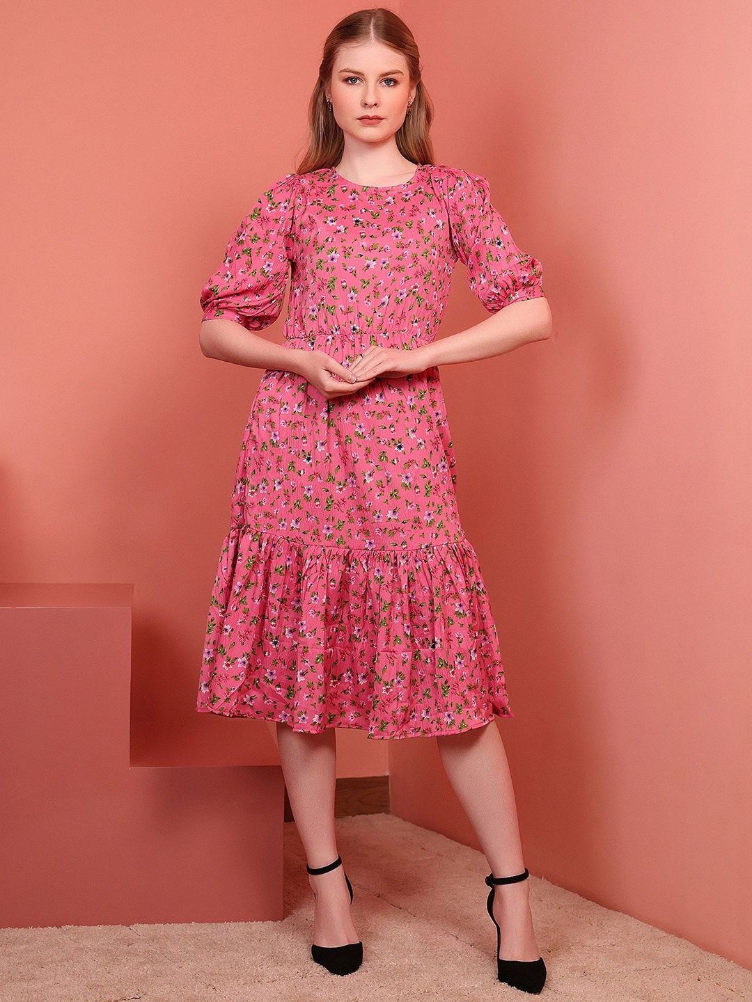 

Istyle Can Floral Print Crepe A-Line Midi Dress, Pink