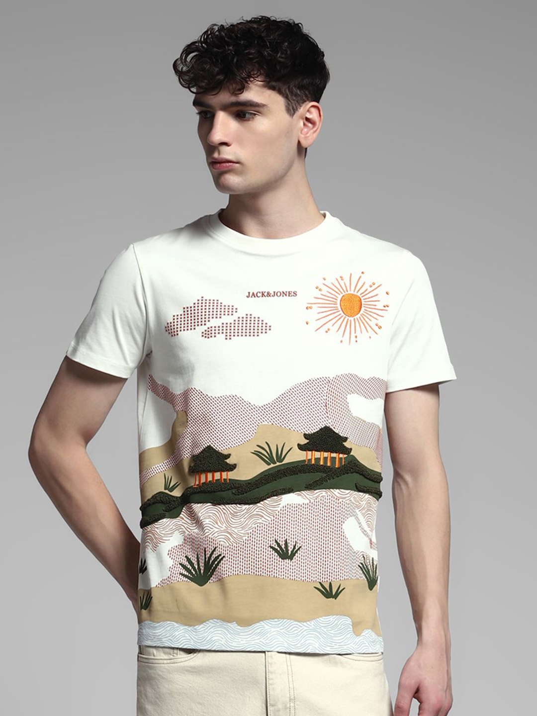 

Jack & Jones Men Graphic Printed Round Neck Cotton T-shirt, White