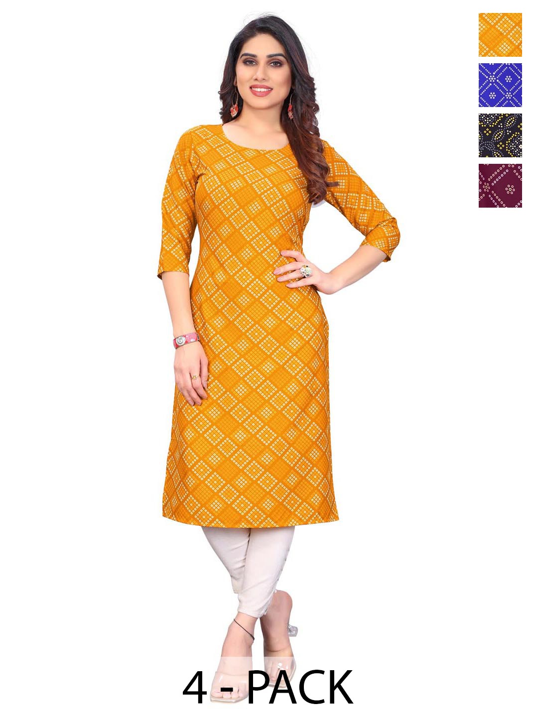 

KETAKI FASHION Selection Of 4 Geometric Printed Round Neck Straight Kurta, Yellow