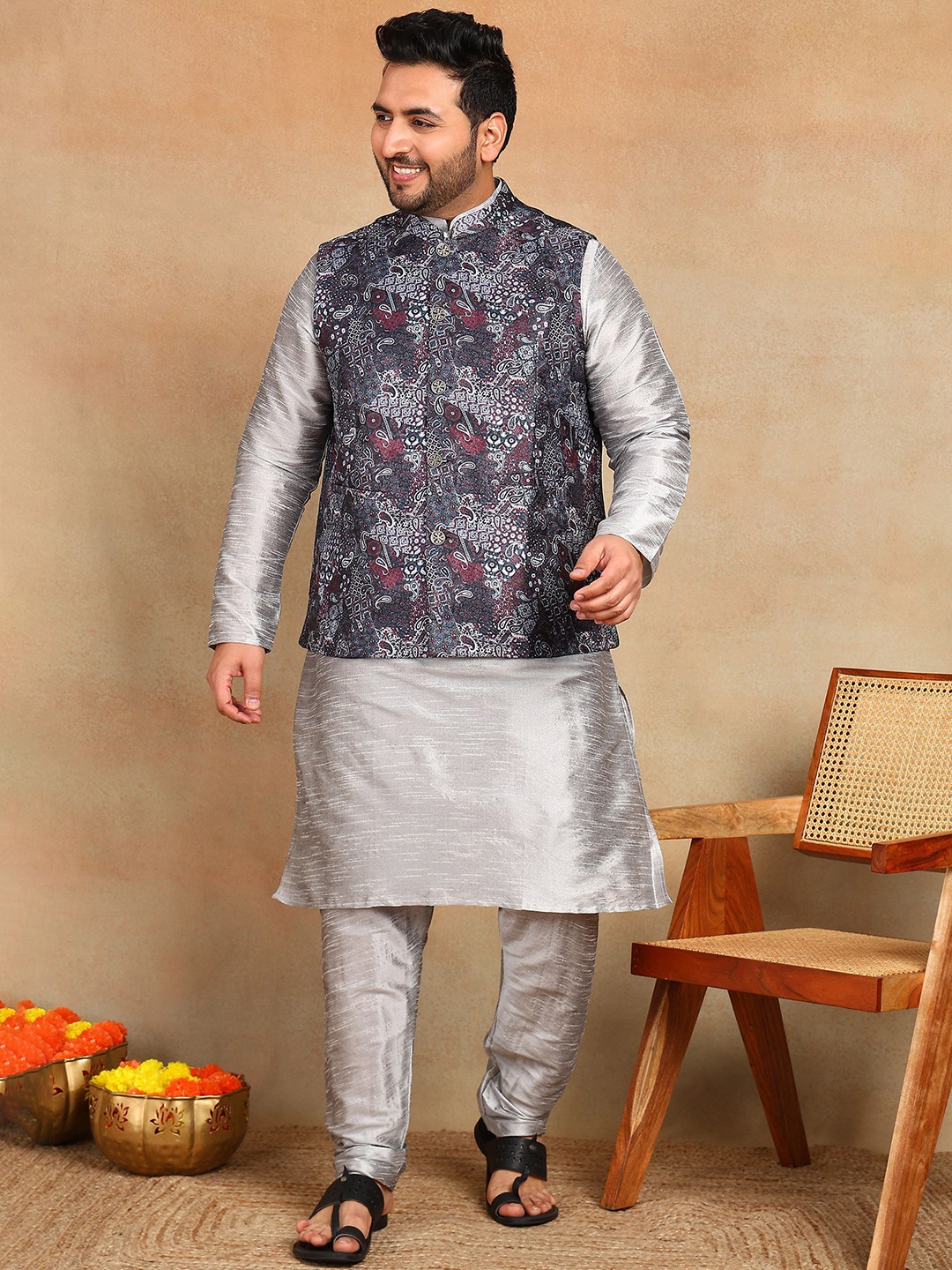 

Sztori Men Printed Mandarin Collar Nehru Jackets, Grey