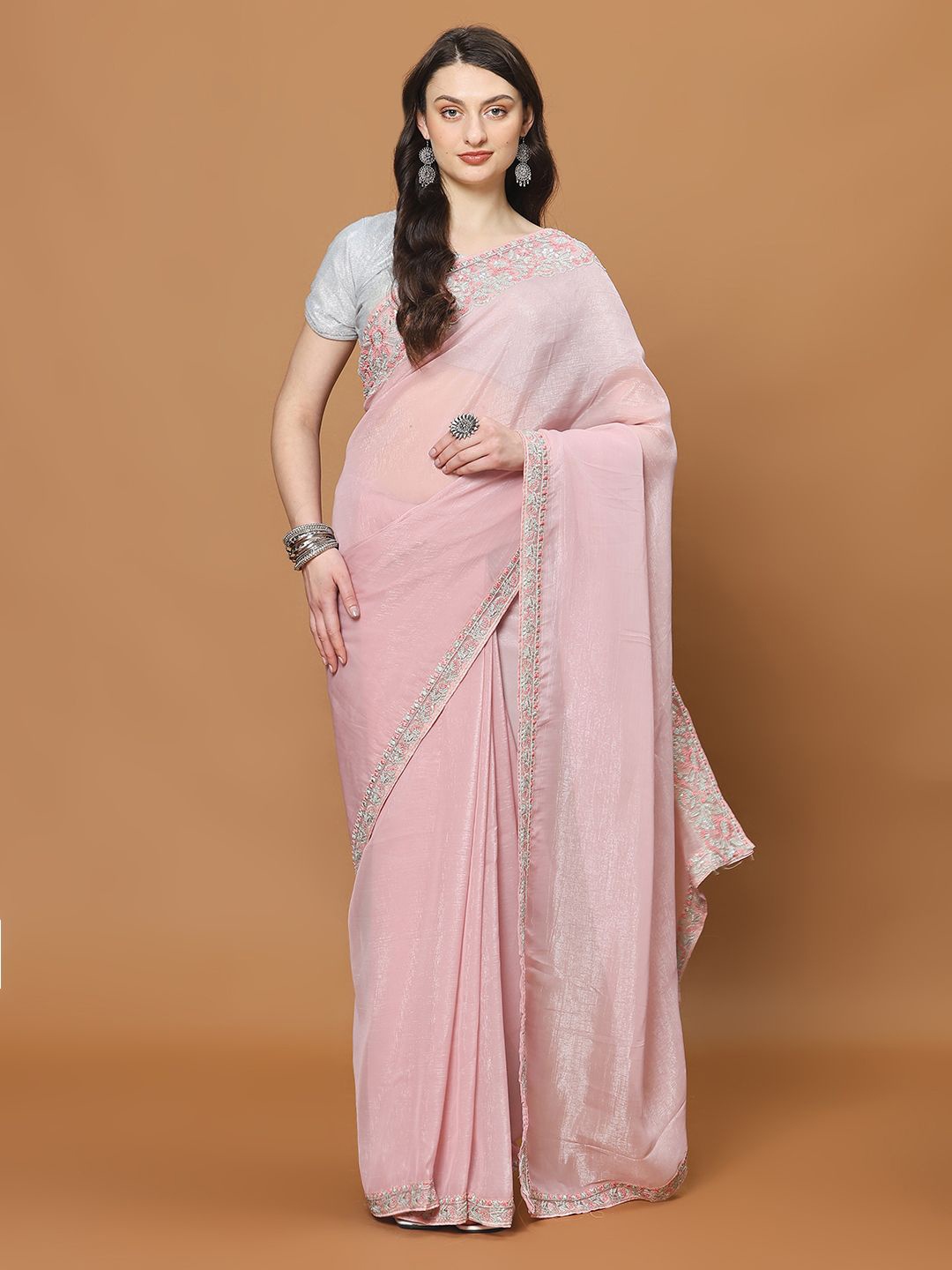 

Meena Bazaar Women Solid Embellished Saree, Pink