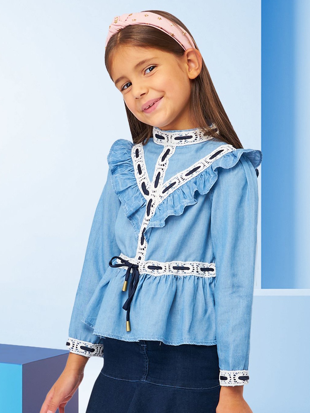 

FOREVER FRIDAY Girls Self Design Ruffles High Neck Top, Blue