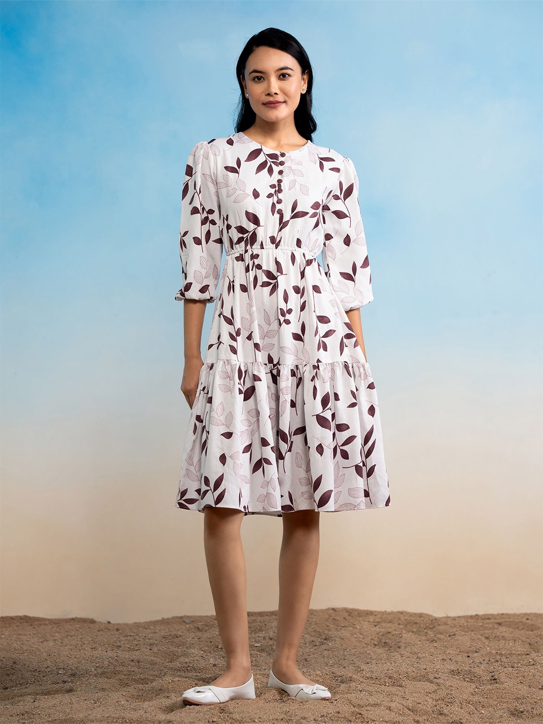 

DressBerry Floral Print Puff Sleeve Crepe Fit & Flare Dress, Purple