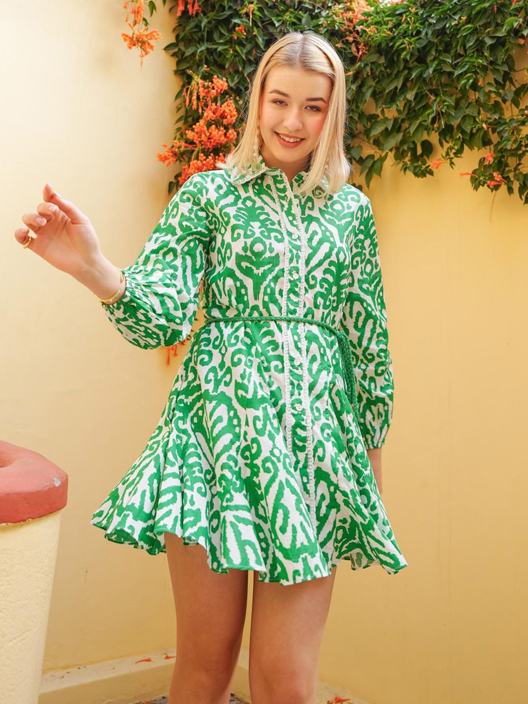 

House of Sal Women Printed Shirt Dress, Green