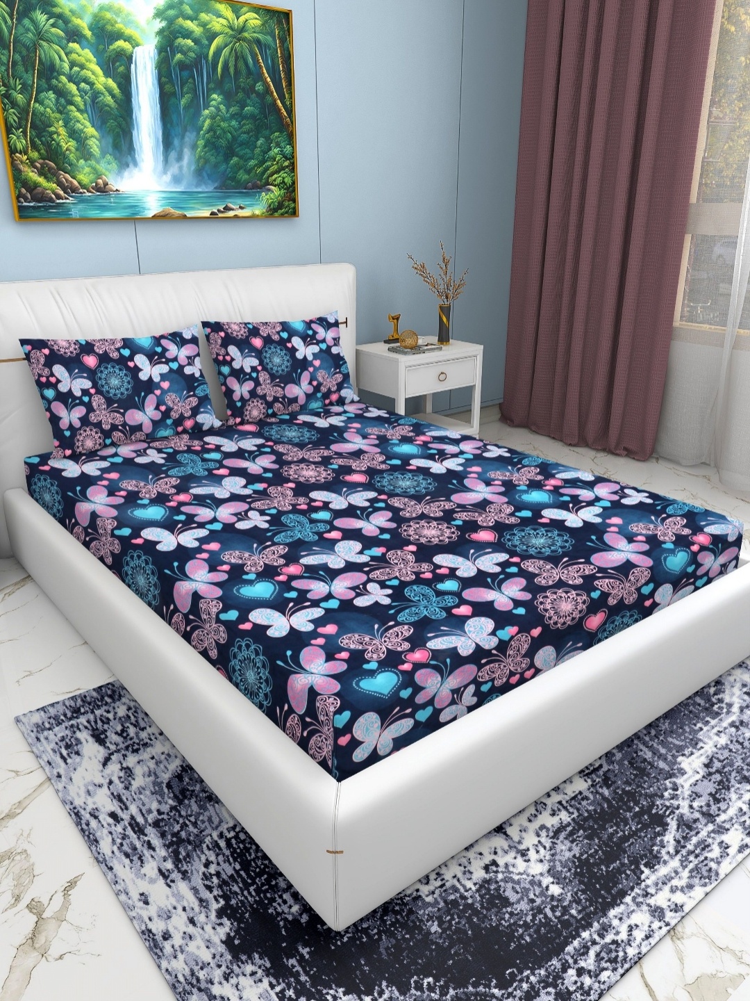 

EXFAB Blue & Pink Floral Printed Cotton 240 TC King Bedsheet Set