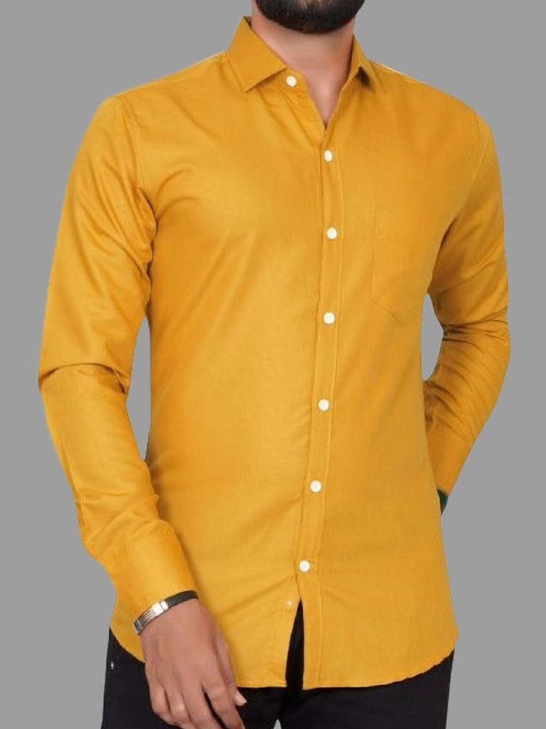 

Metronaut Men Standard Regular Fit Spread Collar Solid Cotton Casual Shirt, Mustard