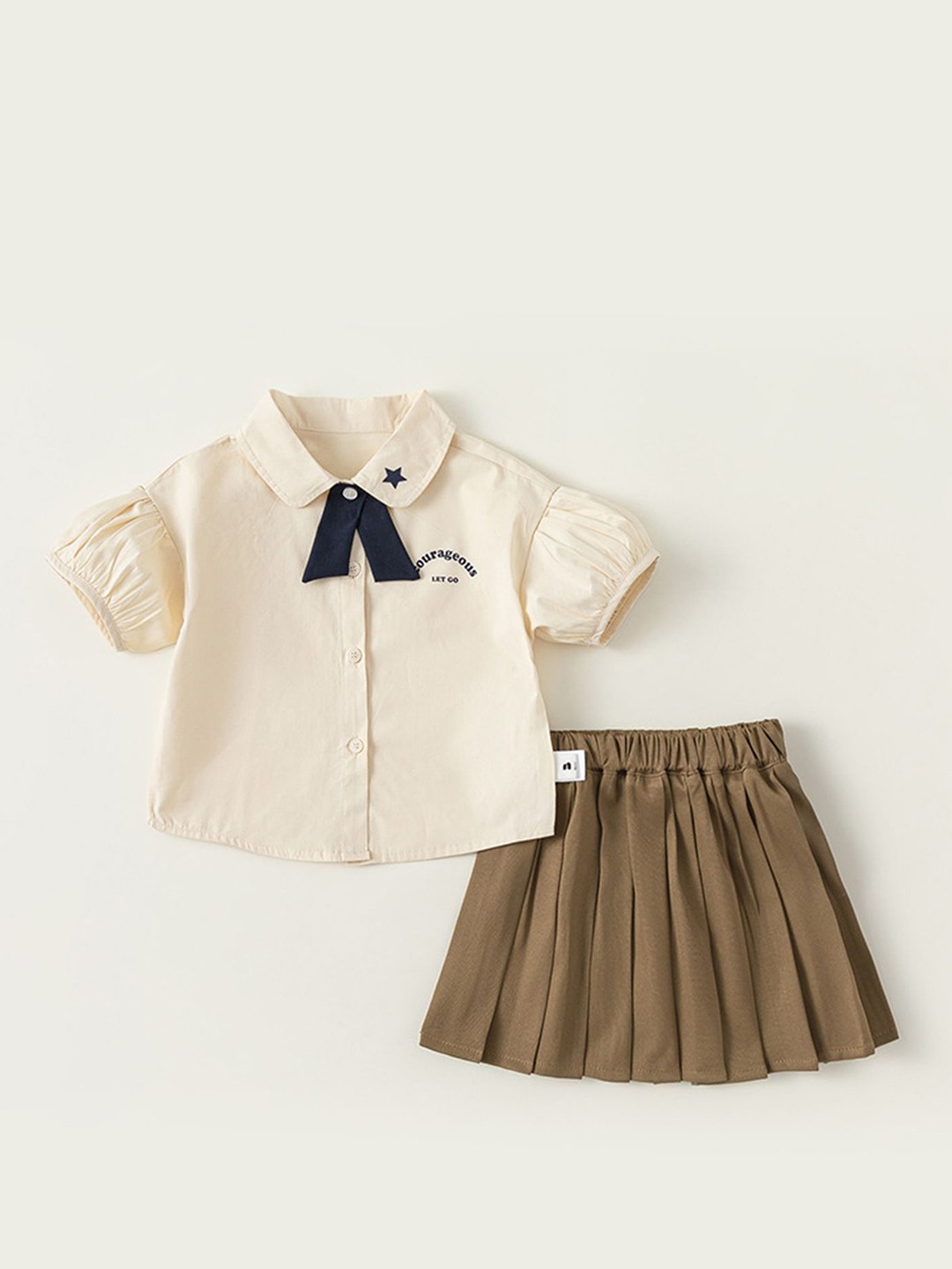 

LULU & SKY Girls Short Sleeves Pure Cotton Shirt With Skirt, Beige