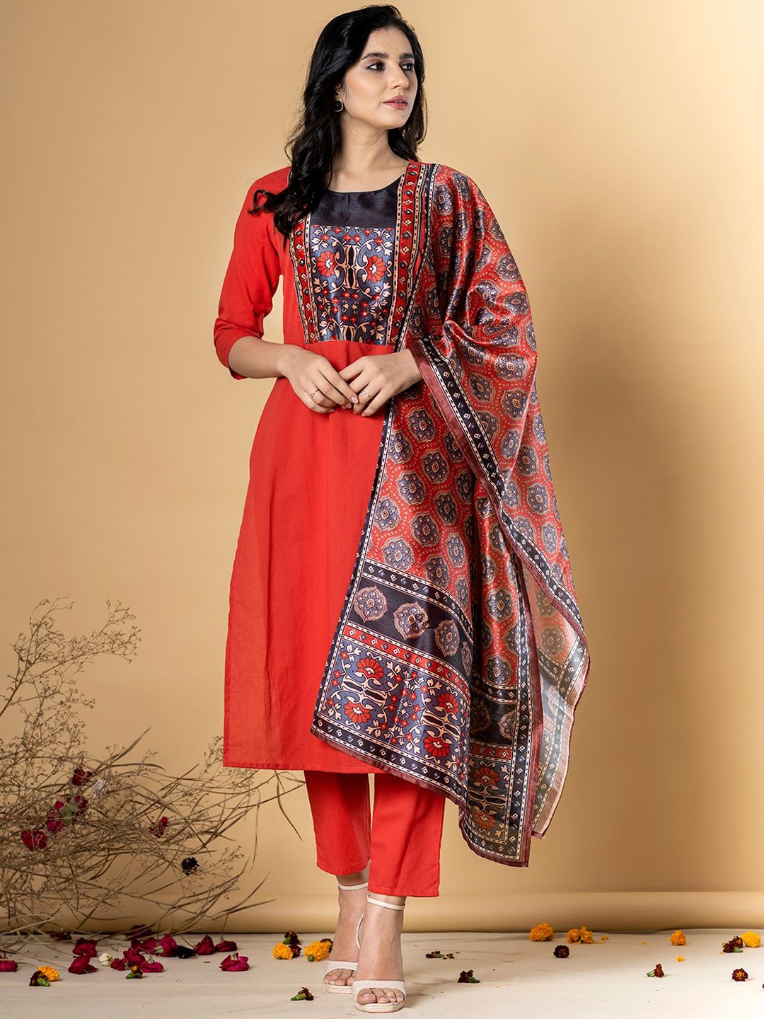 

Readiprint Floral Printed Yoke Design Pure Cotton Kurta With Trousers & Dupatta, Orange