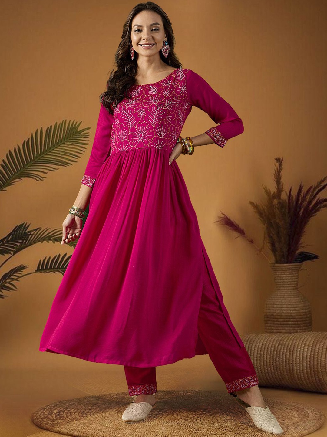 

SheWill Floral Embroidered Round Neck Anarkali Kurta With Trouser, Pink