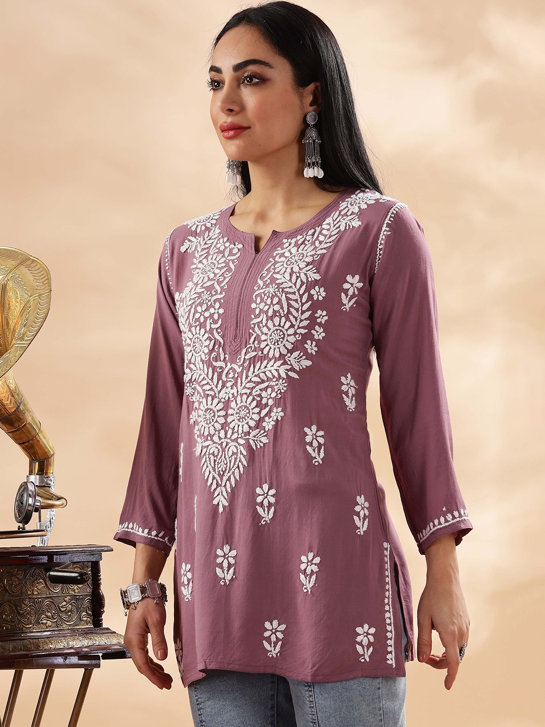 

Club Loom Floral Embroidered Chikankari Pure Cotton Handloom Chikankari Kurti, Purple