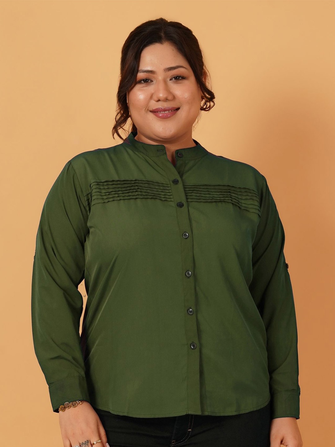 

ANGOORI FASHION Women Straight Fit Band Collar Textured Casual Shirt, Olive
