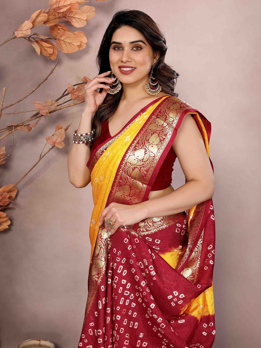 

Bandhanivilla Zari Bandhani Saree, Yellow