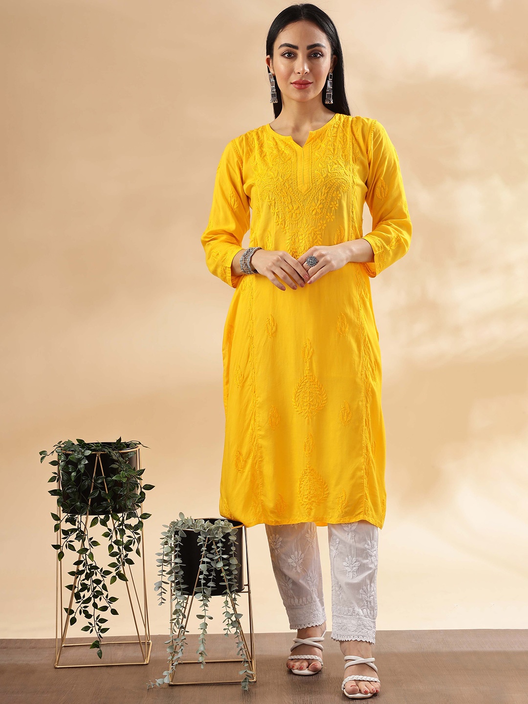 

Club Loom Paisley Embroidered Chikankari Cotton Straight Kurta, Yellow