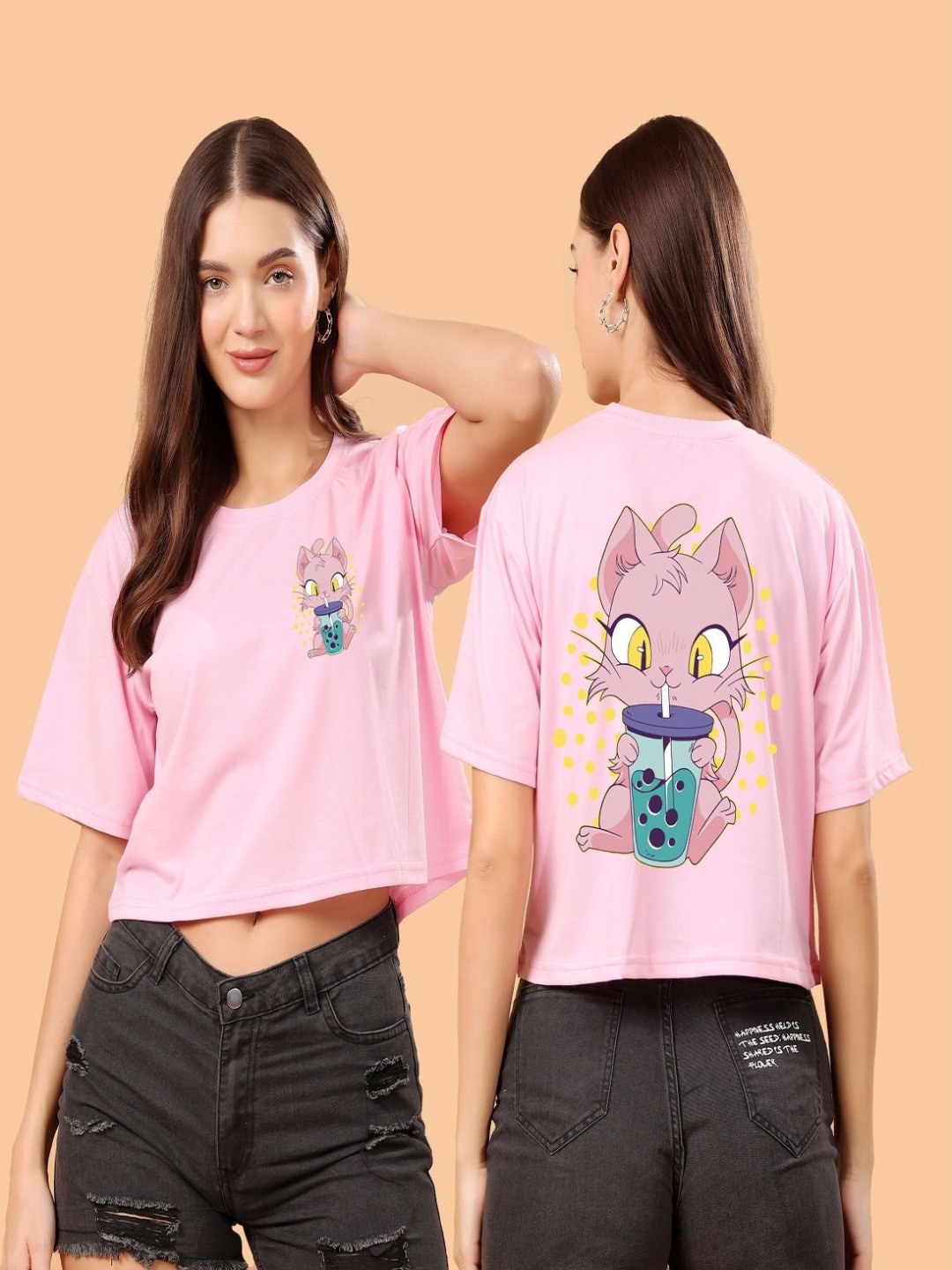 

SWIFTLY Women Bio Finish Graphic Printed Round Neck Cotton Oversized T-shirt, Pink