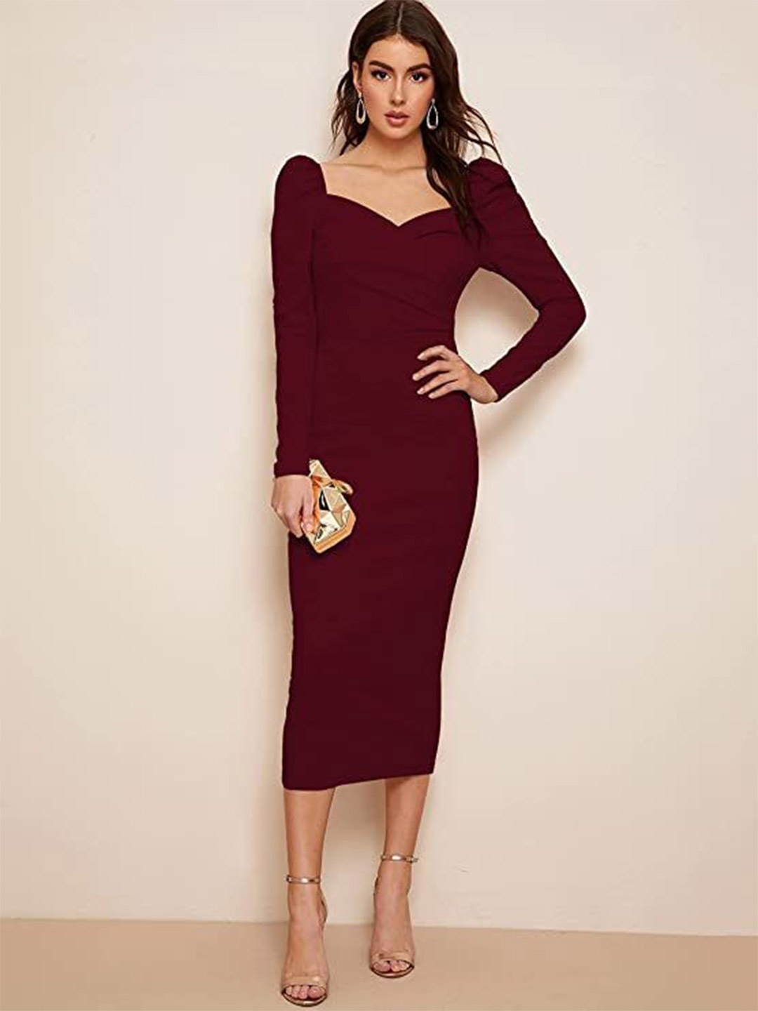 

DressBerry Puff Sleeve Bodycon Midi Dress, Maroon