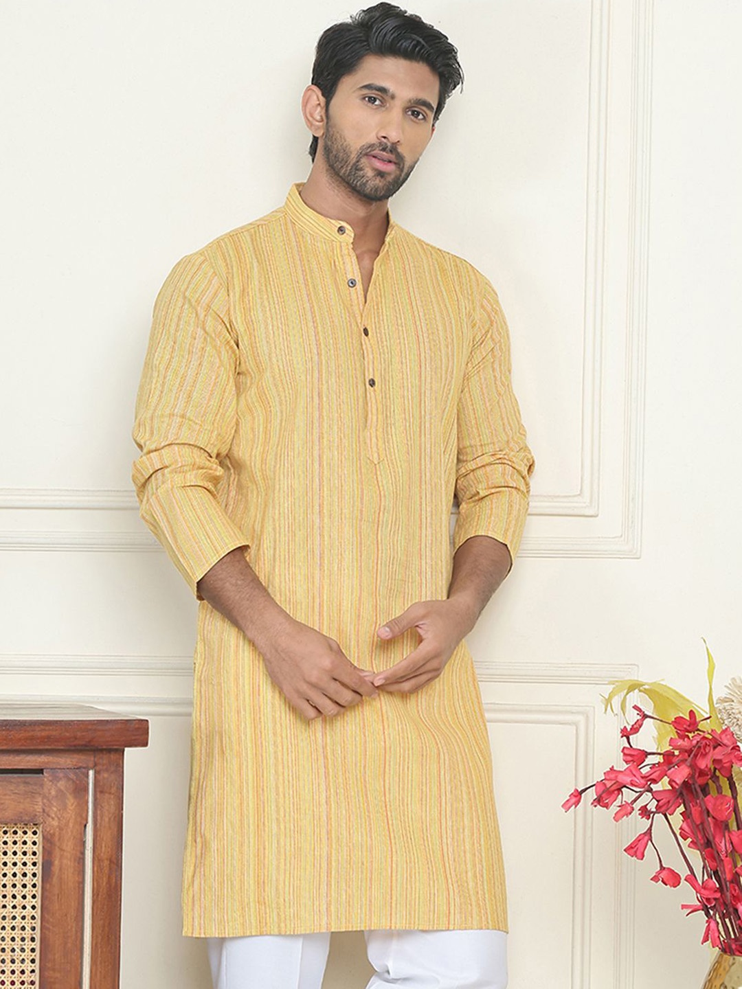 

Anouk Yellow Striped Mandarin Collar Pure Cotton Straight Kurta