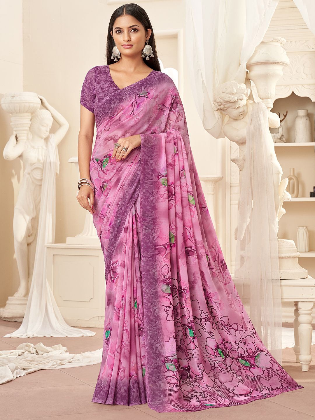 

LeeliPeeri Designer Floral Poly Georgette Saree, Pink