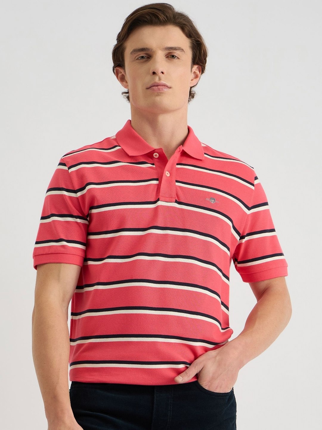 

GANT Men Striped Polo Collar Cotton T-shirt, Pink