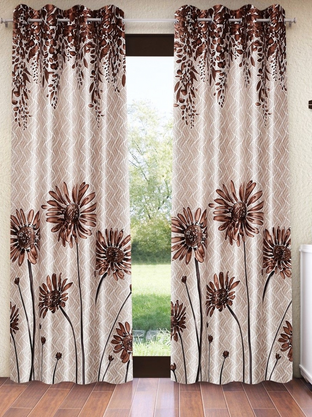 

Home Sizzler Brown And Cream 2 Pieces Floral Regular Window Curtain