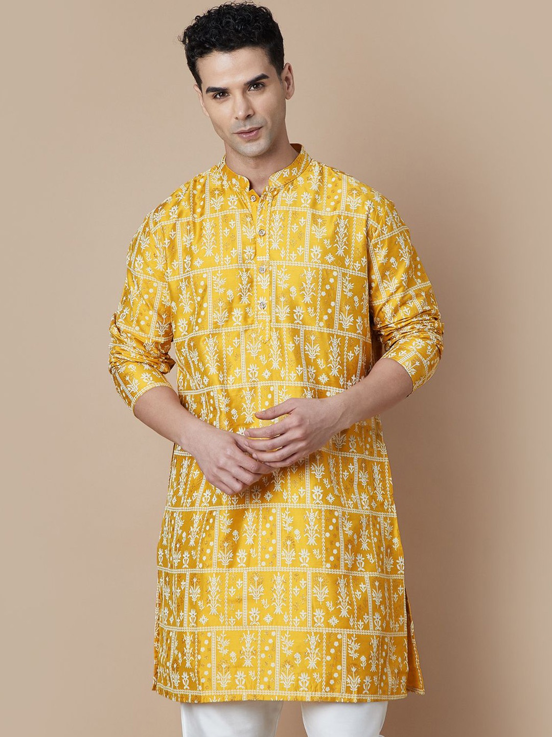 

Melange by Lifestyle Ethnic Motifs Embroidered Mandarin Collar Straight Kurta, Yellow
