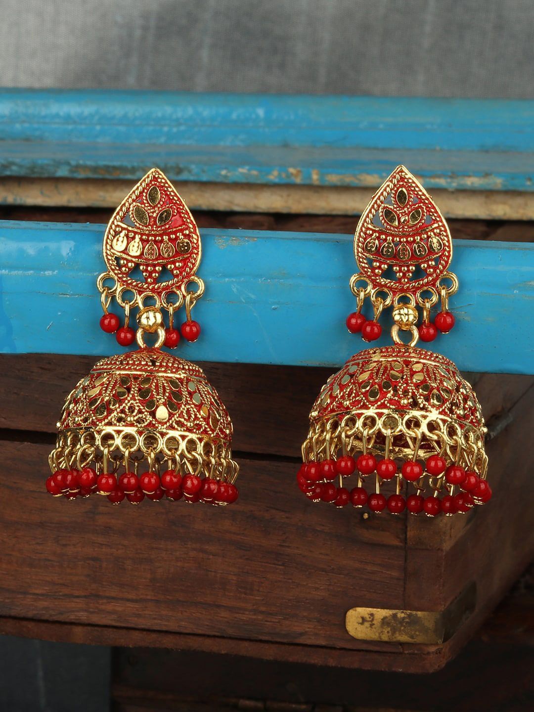 

Anouk Gold-Plated Artificial Stones Studded & Beaded Dome Shaped Enamelled Jhumkas